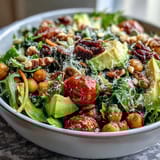 Layered Mixed Greens Power Bowl topped with chickpeas, toasted walnuts, pumpkin seeds, and a light lemon dressing.  