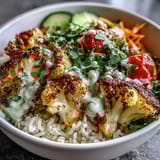 Golden roasted cauliflower florets with herbs sit atop fluffy rice, mixed with fresh cherry tomatoes, cucumber, and carrots in a vibrant bowl.