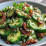 Crunchy cucumbers tossed in tangy dressing and drizzled with spicy, golden garlic chili oil.