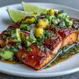 Oven-baked salmon fillets paired with vibrant mango avocado salsa, garnished with lime wedges and fresh herbs.  