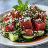Fresh summer salad featuring ripe watermelon cubes, baby arugula, and tangy feta, tossed in a bright honey-lime dressing.  