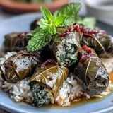 Savory stuffed grape leaves, Kurdish dolma ready for a delicious mezze spread.