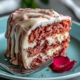 A moist, pink rosé velvet cake frosted and dripping with edible gold.
