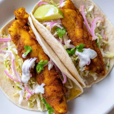 Close-up of vibrant fish tacos: flaky, pan-fried fish peeking out from soft tortillas, drizzled with sauce.