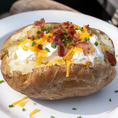 A beautifully plated Loaded Baked Potato with sour cream and fresh chives, ready to enjoy.