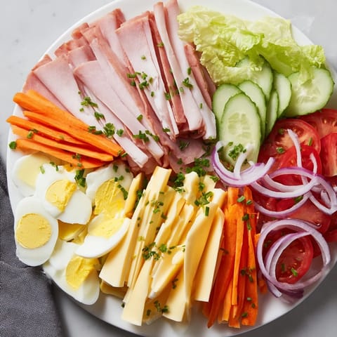 Vibrant Chef Salad with colorful layers of ham, cheeses, and fresh vegetables drizzled with tangy vinaigrette.