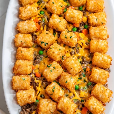 Golden-brown tater tots topping a bubbly, cheesy Tater Tot Casserole with seasoned ground beef.
