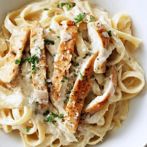 Platter of Cajun Chicken Alfredo pasta topped with vibrant parsley and grated Parmesan. Rich, creamy sauce coats fettuccine and seasoned chicken slices on a dark table.