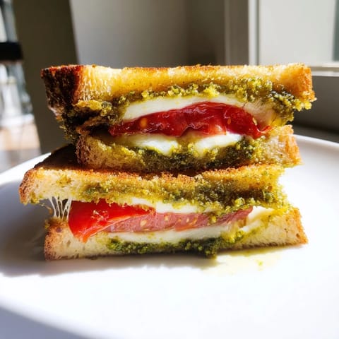 A close-up view shows a golden, crispy Caprese Pesto Grilled Cheese sandwich with melted mozzarella and fresh tomato layers.  