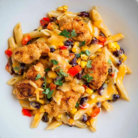 A one-pan Crispy Chicken Burrito Pasta features melted cheddar and Monterey Jack cheese pulling away from a hearty Tex-Mex-inspired main dish.