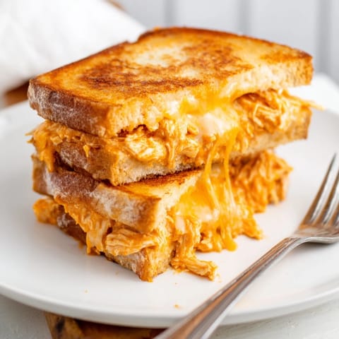 In a skillet, the Buffalo Chicken Ranch Grilled Cheese sizzles, its crispy sourdough crust glistening with melted cheese.