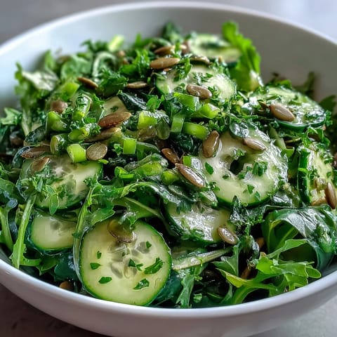 Fresh Glowing Green Salad with crisp greens, cucumber, and a zesty lemon vinaigrette.  