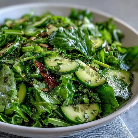 A vibrant Glowing Green Salad topped with crunchy pumpkin seeds, served in a white bowl.  
