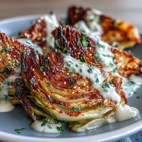 Golden roasted cabbage wedges with crispy edges, finished with creamy tahini sauce and fresh parsley on a serving platter.