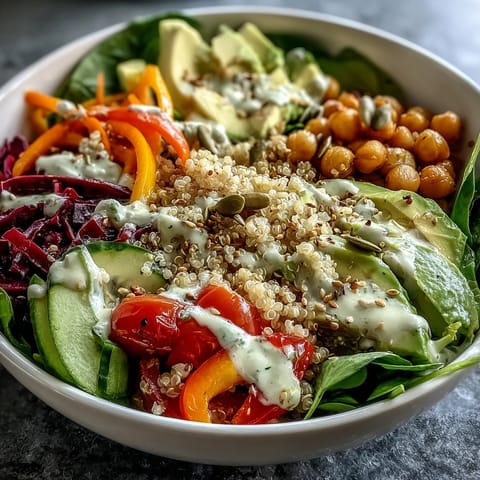 Colorful Rainbow Buddha Bowl, a healthy lunch brimming with quinoa, chickpeas, and crisp vegetables.