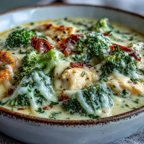 A ladle of golden Best Chicken Broccoli Cheddar Soup being poured, revealing chunks of tender chicken and vibrant broccoli.