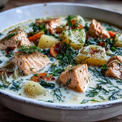 Tender salmon, potatoes, and carrots simmer in a rich cream broth for this Finnish Salmon Soup.