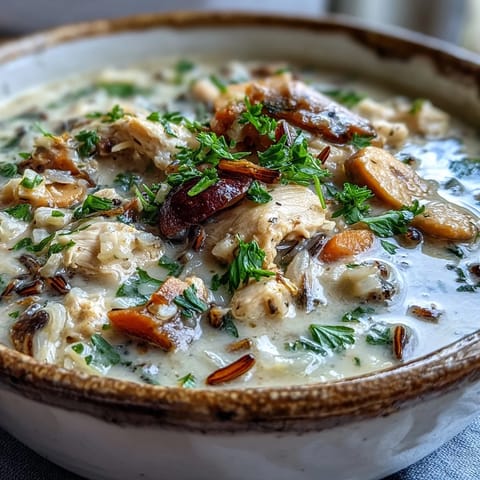 A hearty spoonful of chicken, wild rice, and sautéed cremini mushrooms in creamy Parmesan broth.