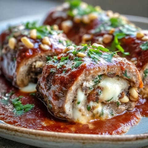 Tender beef braciole rolls sliced open to reveal a savory filling of pecorino, herbs, and golden raisins.