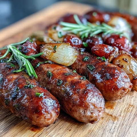 Roasted Sausage and Grapes with tender onions and herbs on a rustic table. Perfect Italian-inspired main dish with sausages and blistered grapes ready to serve.