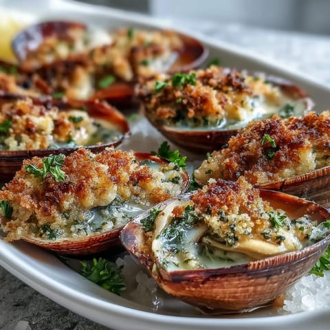 A close-up of Roasted Clams With Lemony Panko shows crisp, buttery breadcrumbs and tender clam meat ready to be served.