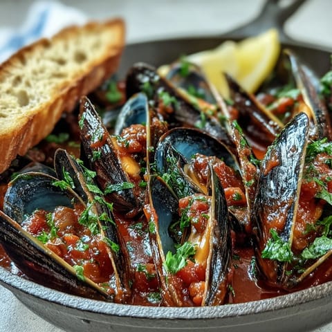 Tender mussels in a rich, smoky tomato and garlic sauce, perfect for dipping with crusty bread.