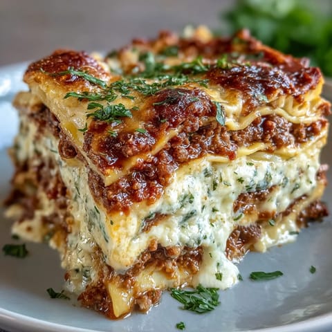 Tender lasagna noodles layered with creamy ricotta, savory ground beef, and hearty marinara sauce, ready for a family dinner.