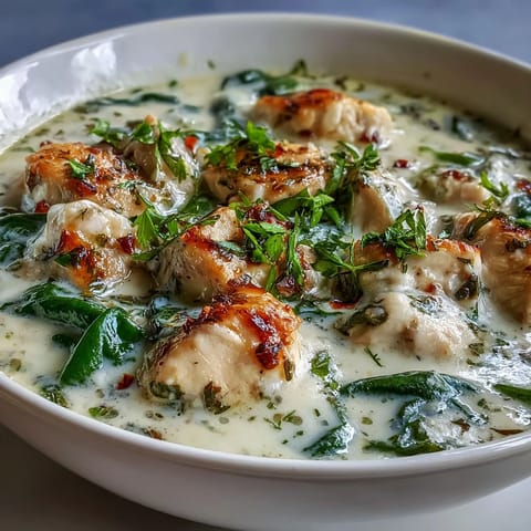 Hearty Garlic Parmesan Chicken Soup simmers with tender chicken pieces, garlic, and herbs in a rich, velvety broth.