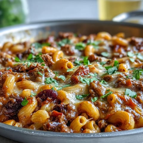 One-Pan High Protein Chili Mac topped with sour cream and tortilla chips, perfect for weeknight dinner.