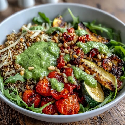 Roasted red bell peppers and zucchini add color to this Arugula Pesto Bowl garnished with shaved Parmesan.