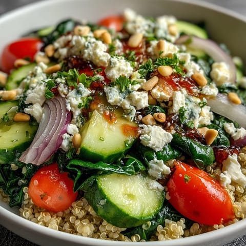 Ready-to-serve Spinach and Feta Grain Bowl featuring cooked quinoa, crisp cherry tomatoes, cucumber, and red bell pepper, topped with creamy feta and toasted pine nuts for texture.