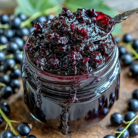 Thick, vibrant Homemade Black Currant Jam with a sweet-tart aroma, swirled into a bowl of creamy Greek yogurt for a delicious breakfast.