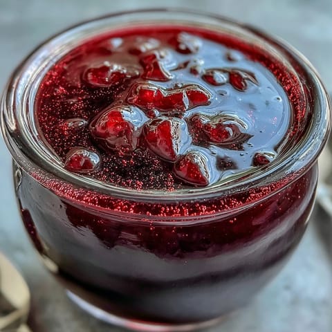 A spoon lifting a spoonful of Black Currant Jelly from a jar, showing its clear, thick texture.