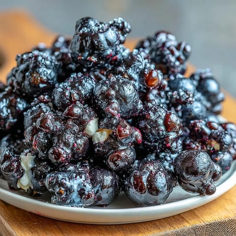 A bowl of sweet and savory Black Currant Cheesecake Kettle Corn, featuring red-tinted kernels coated in creamy powdered cheesecake mixture.