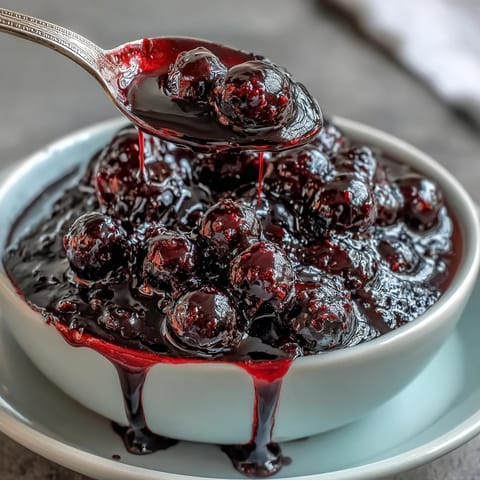 A glossy, vibrant black currant sauce with a tangy-sweet flavor, perfect for drizzling over cheesecake or ice cream.