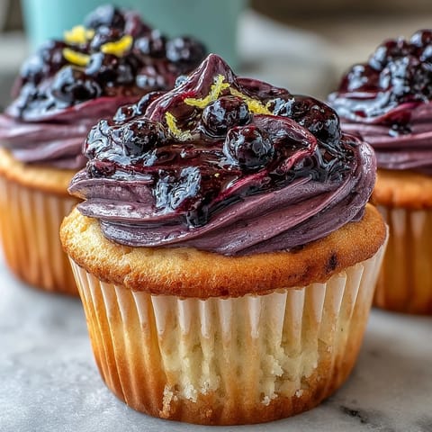 Elegant olive oil cupcakes with a silky black currant frosting, perfect for a refined dessert or afternoon tea gathering.