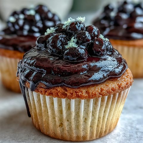 Moist olive oil cupcakes topped with vibrant black currant cream cheese frosting, garnished with fresh berries and lemon zest.