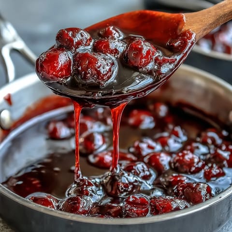 A glossy, tangy-sweet black currant glaze drizzled over roasted pork loin with fresh thyme garnish.