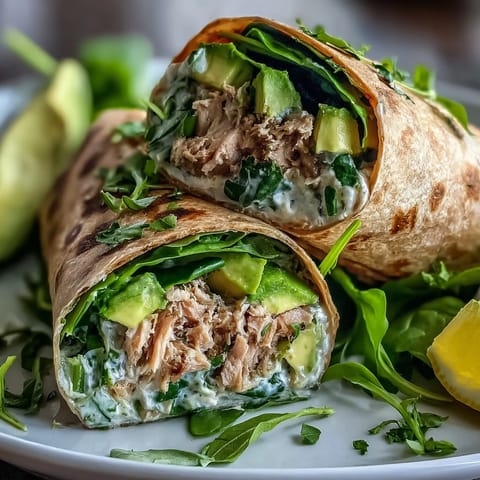 Nutritious avocado tuna wraps with bright lemon, tender spinach, and whole wheat tortillas—a quick, satisfying meal in every bite.