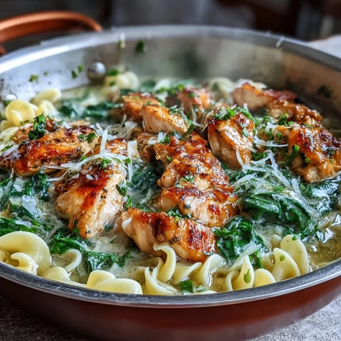One-Pot Lemon Orzo with Chicken and Spinach in a creamy skillet meal with tender chicken and fresh spinach.