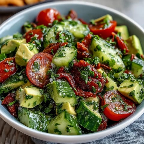 Fresh cucumber tomato avocado salad with lemon dressing, bursting with colorful vegetables and zesty citrus flavors.  