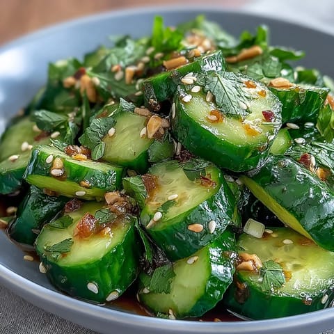 A vibrant smashed cucumber salad glistening with garlic chili oil and fresh herbs.
