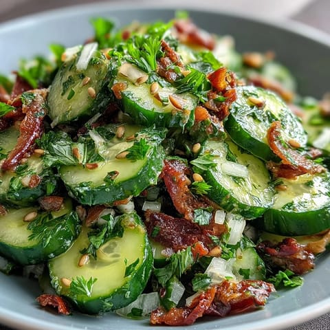 Crunchy cucumbers tossed in tangy dressing and drizzled with spicy, golden garlic chili oil.