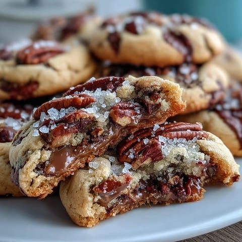 A tray of golden brown butter pecan cookies, sprinkled with flaky sea salt, arranged on a cooling rack.