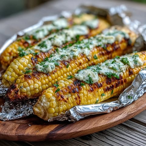 Grilled corn in foil with herb butter, golden and juicy, bursting with fresh parsley and thyme aroma.