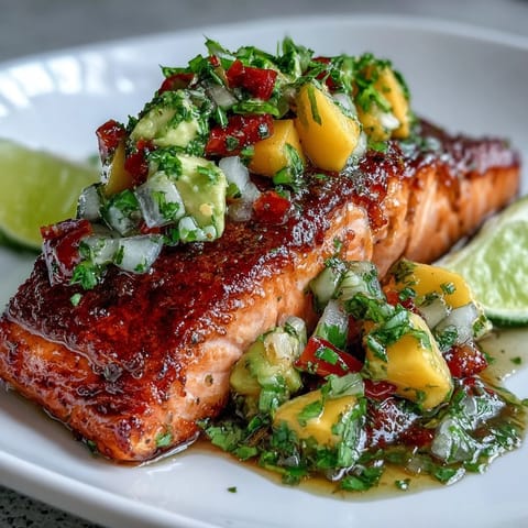 Baked salmon with mango avocado salsa, topped with zesty lime and fresh cilantro, served on a white plate.  