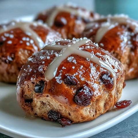 Warm spiced hot cross buns with orange glaze, studded with currants and baked to golden perfection for Easter brunch.  