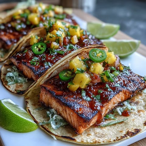 Vibrant grilled salmon tacos filled with juicy mango salsa, red cabbage, and smoky spices for a fresh summer meal.  