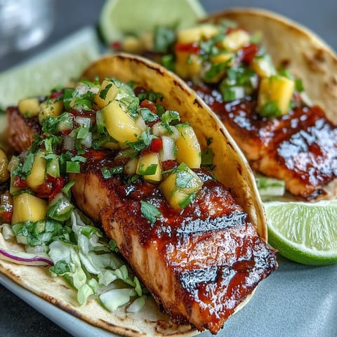 Grilled salmon tacos with mango salsa served on warm tortillas, topped with fresh cabbage and zesty lime.  