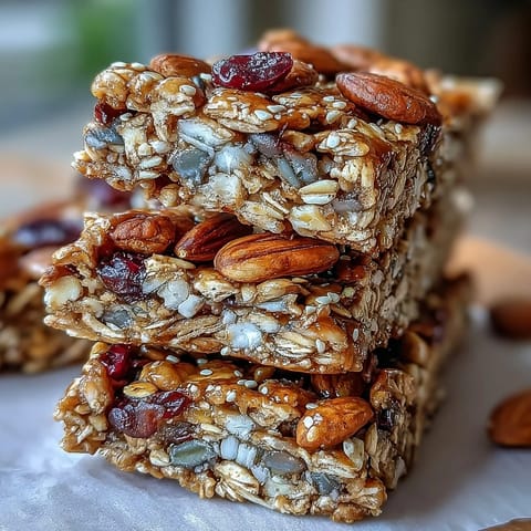 Nut-Free Granola Bars with Honey and Oats - Chewy, golden bars loaded with oats, seeds, and dried fruit, ideal for beach trips or on-the-go snacking.